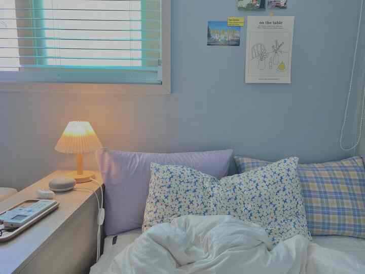 White and natural toned bedroom featuring pillow covers and a table lamp creating a cozy atmosphere