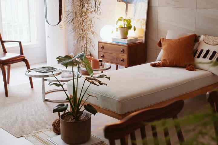 Natural tone living room featuring wooden furniture, daybed, and plants creating a cozy atmosphere