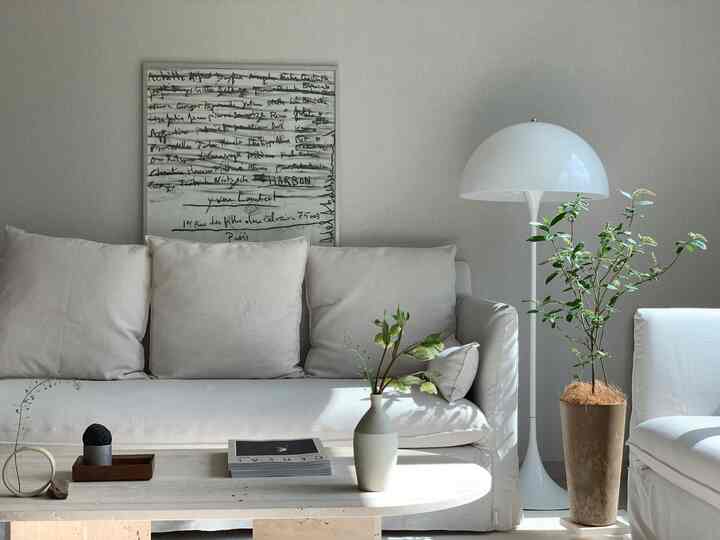 White and beige toned living room featuring large sofa, coffee table, floor lamp, and plants in a natural and simple setting