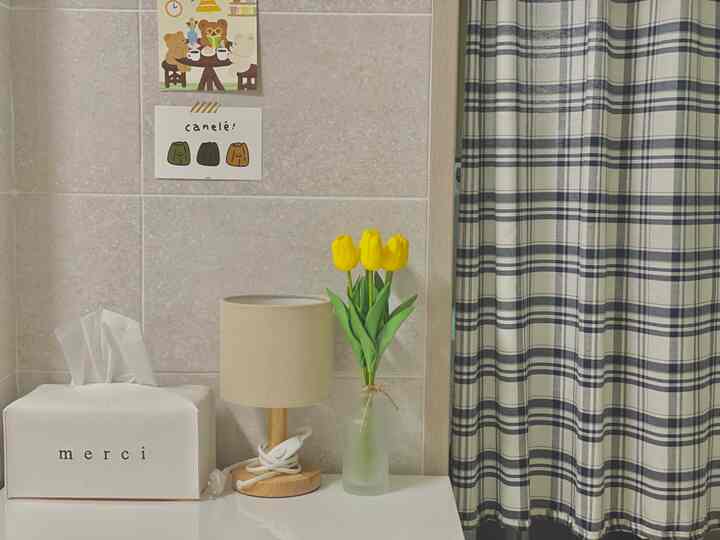 Beige and gray toned kitchen space with checkered curtains, yellow tulip vase, table lamp, and tissue case in a cozy interior