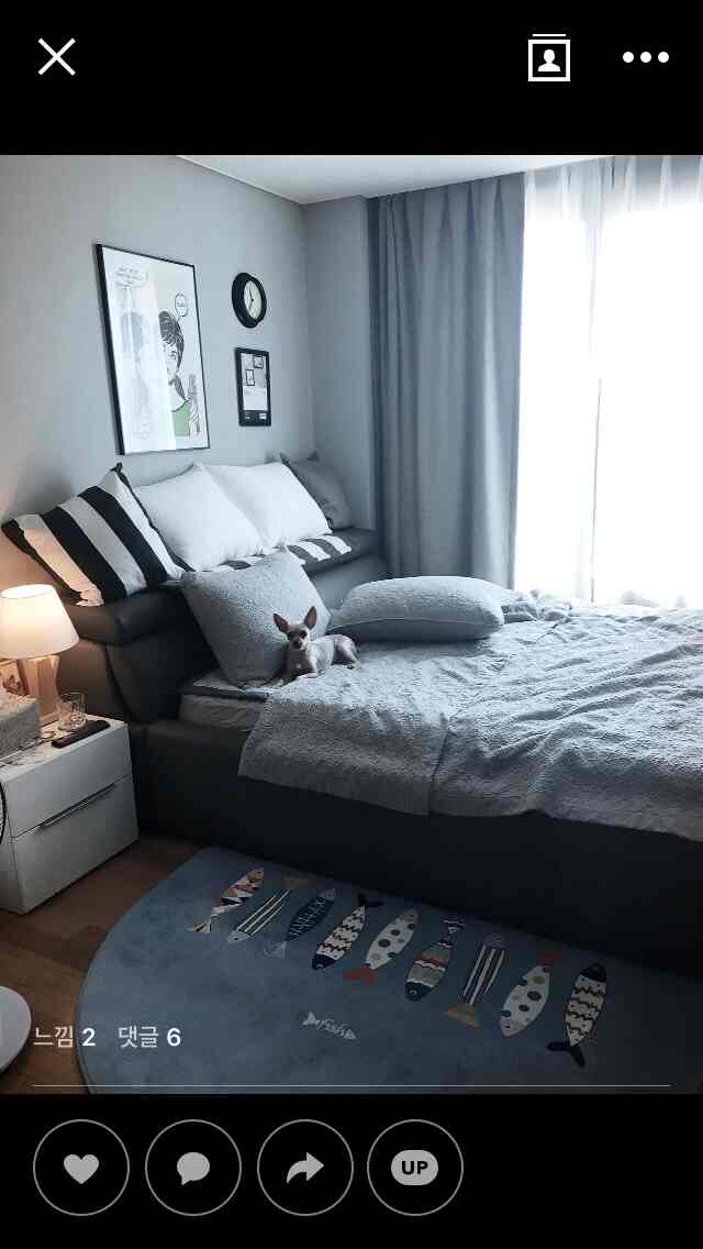 グレー調の寝室、大きなベッドと遮光カーテン、ベッドの上でくつろぐ小型犬が配置された雰囲気あるインテリア