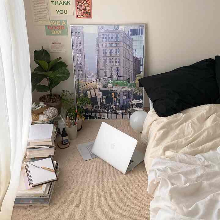 Beige and white tone bedroom featuring a poster and plant with a natural atmosphere