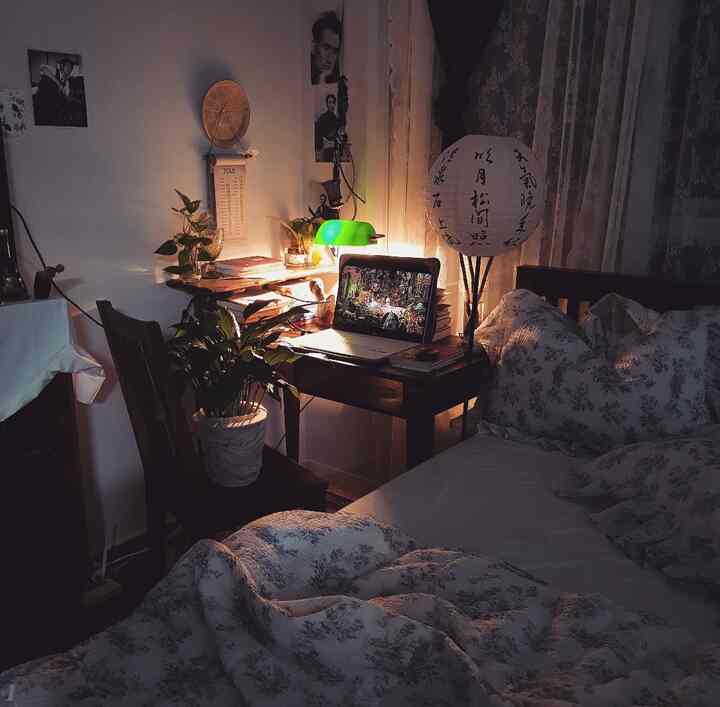 暖かい照明と木製家具、植物が配置された居心地の良い寝室兼ホームオフィス
