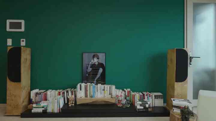 深いグリーンの壁が背景のリビング、中央に本棚があり、左右に木目調のフロアスタンディングスピーカーが配置されたミニマルな空間