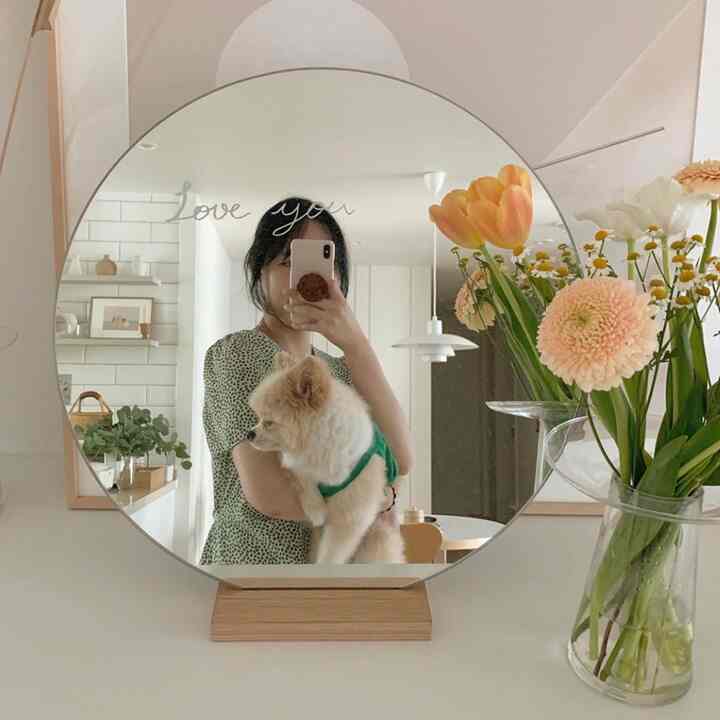 白とベージュの色調のダイニングルーム、中央に丸い鏡と犬が配置された雰囲気のある空間