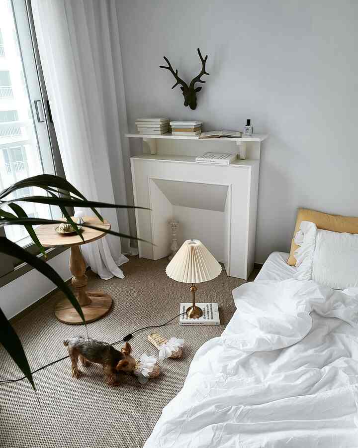 White and natural brown toned bedroom featuring a fireplace, wooden nightstand, and a small dog in a cozy space