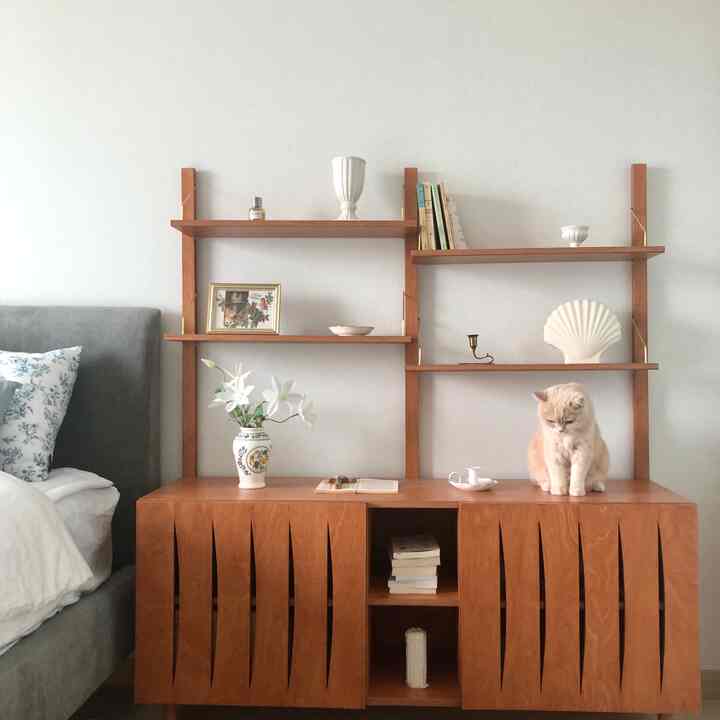 木目調の寝室、木製収納棚と本棚が配置され、ベージュの猫が収納棚の上に座っている落ち着いた雰囲気のあるインテリア