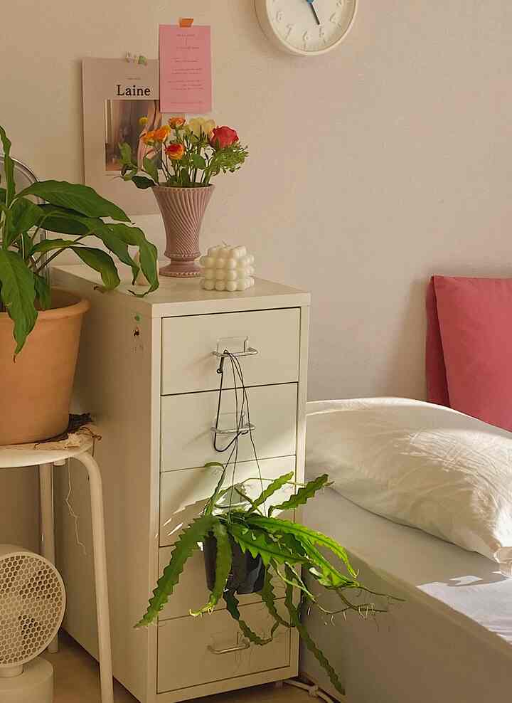 暖かいベージュとホワイトの寝室空間、ベージュのドレッサーと複数の植物、ヴィンテージの花瓶、清潔な寝具が調和した落ち着いた雰囲気のインテリア