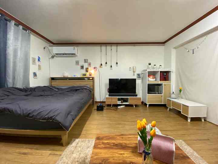 White walls and natural brown wood-tone furniture in a square studio apartment featuring a bed and TV stand, creating a cozy atmosphere