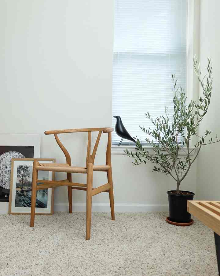 Bright white-toned bedroom corner with natural wood Wishbone chair, large plant, and framed pictures creating a harmonious space