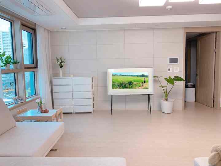 White and green toned living room featuring toy storage, TV, and plants with a clean and natural atmosphere