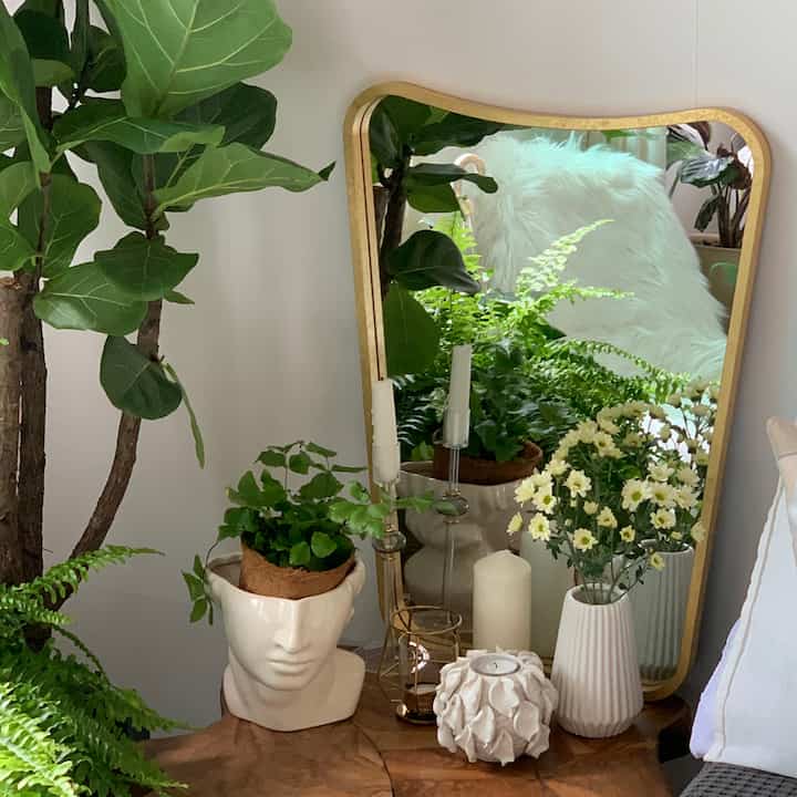 Natural-toned living room featuring brown wood table, white decor, and abundant green plants with cozy elements
