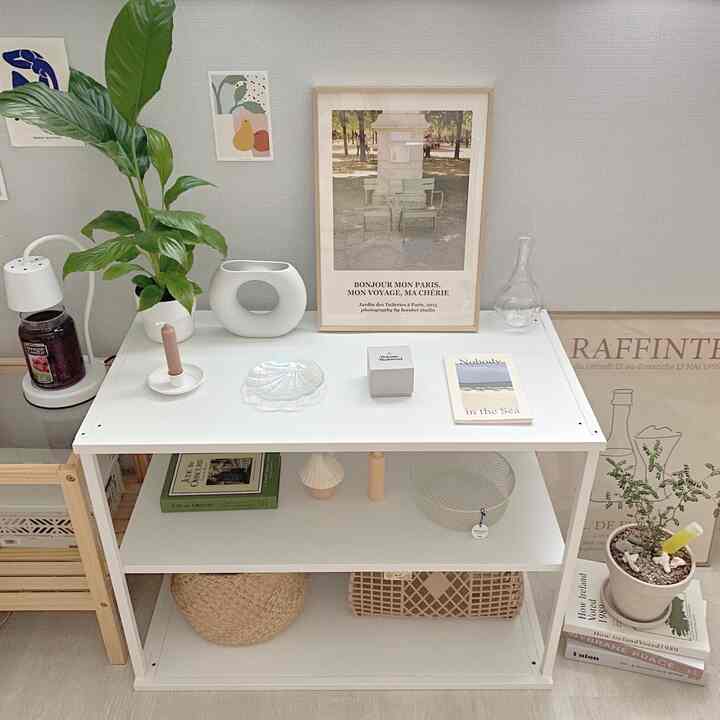 白とナチュラルカラーのワンルーム、植物とポスター額装、シンプルなオブジェが配置された雰囲気のあるインテリア