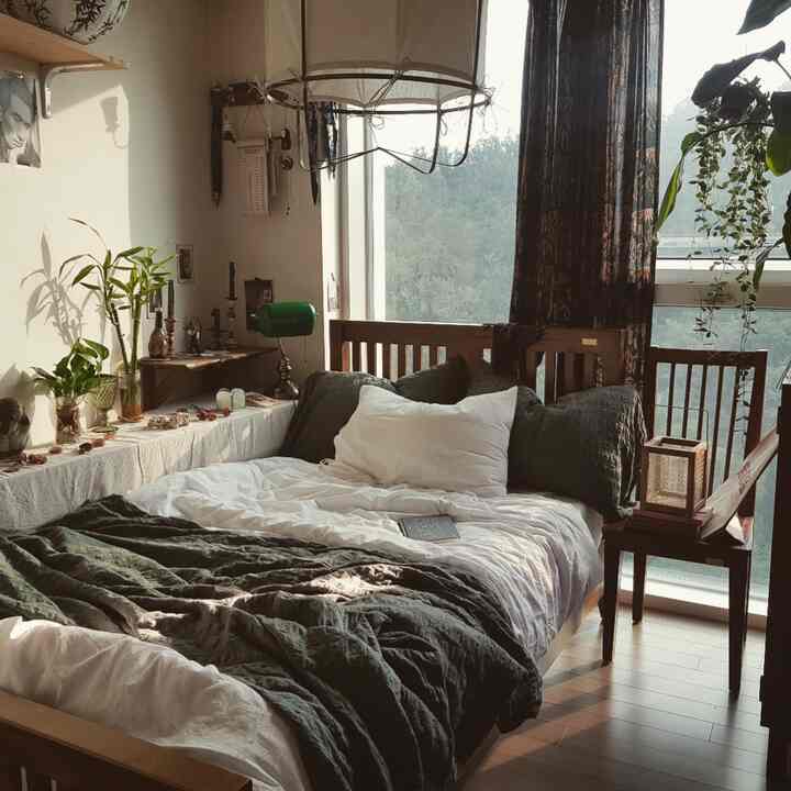 ブラウンの木製ベッドとグリーンの寝具が配置されたナチュラルな色調の寝室、窓から自然光と植物が見える落ち着いた空間