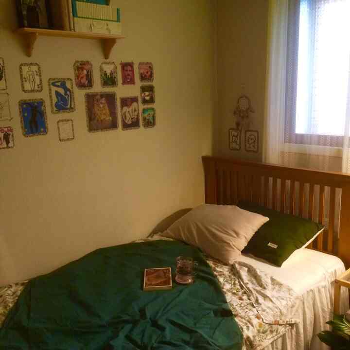 Cozy studio bedroom in warm wood tones and green accents, featuring a wooden bed, vintage posters, and lace curtains creating a comfortable atmosphere