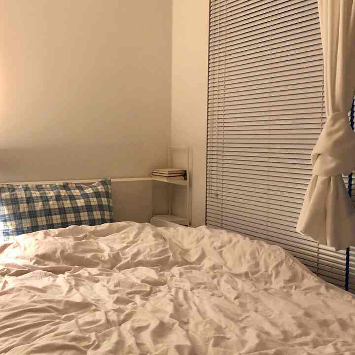 White-toned bedroom featuring tidy bedding and blinds creating a cozy atmosphere