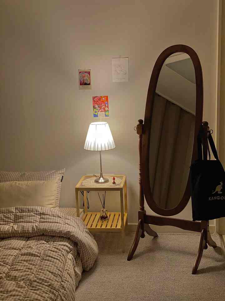 Cozy bedroom with warm wood tones and beige checkered bedding, featuring a table lamp and full-length mirror as focal points