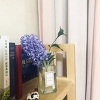 책장인테리어. 유리화병과 꽃으로 딱딱한 느낌을 보완하기