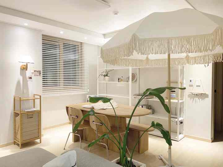 Bright white and beige toned dining room featuring wooden dining table, bench seating, and a large indoor plant in a natural modern style