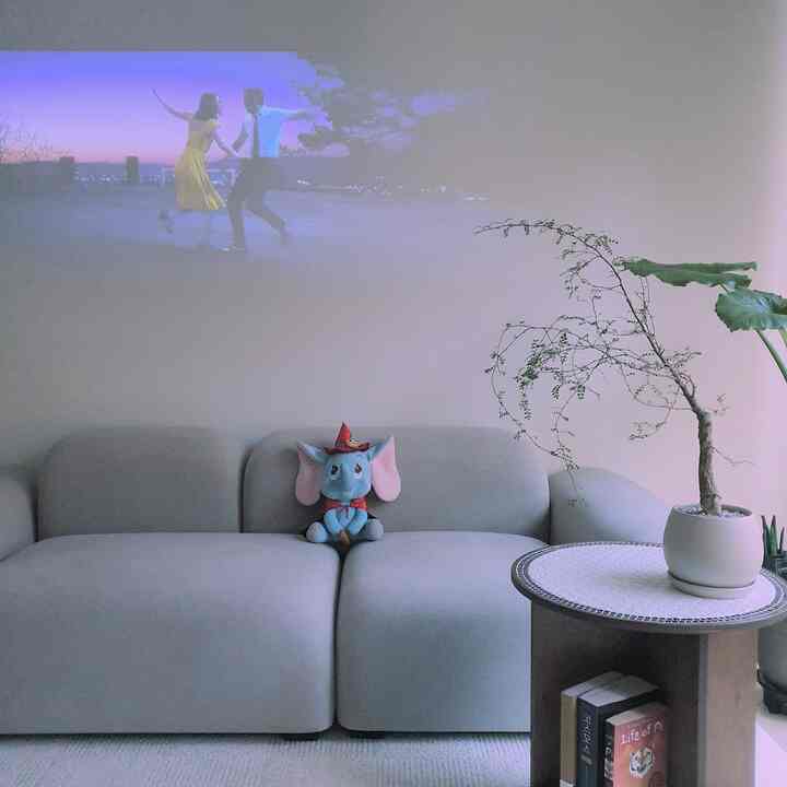 Natural-toned living room featuring a soft sofa, plant, and projector screen creating a cozy atmosphere
