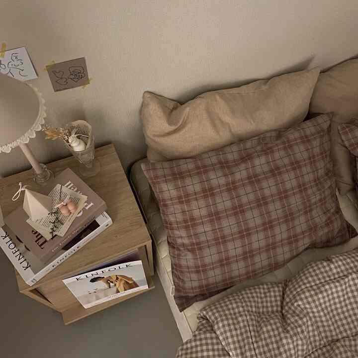 Warm brown-toned bedroom featuring plaid pillow covers and wooden nightstand creating a cozy atmosphere