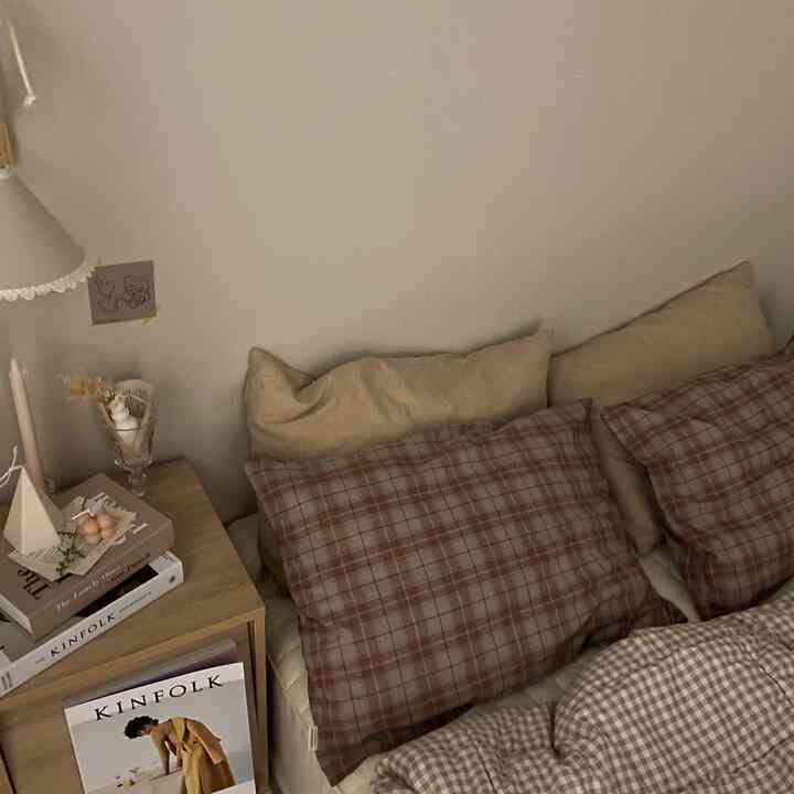 A natural tone bedroom in beige and brown shades, featuring checkered pillows and bedspread alongside a cozy nightstand setup