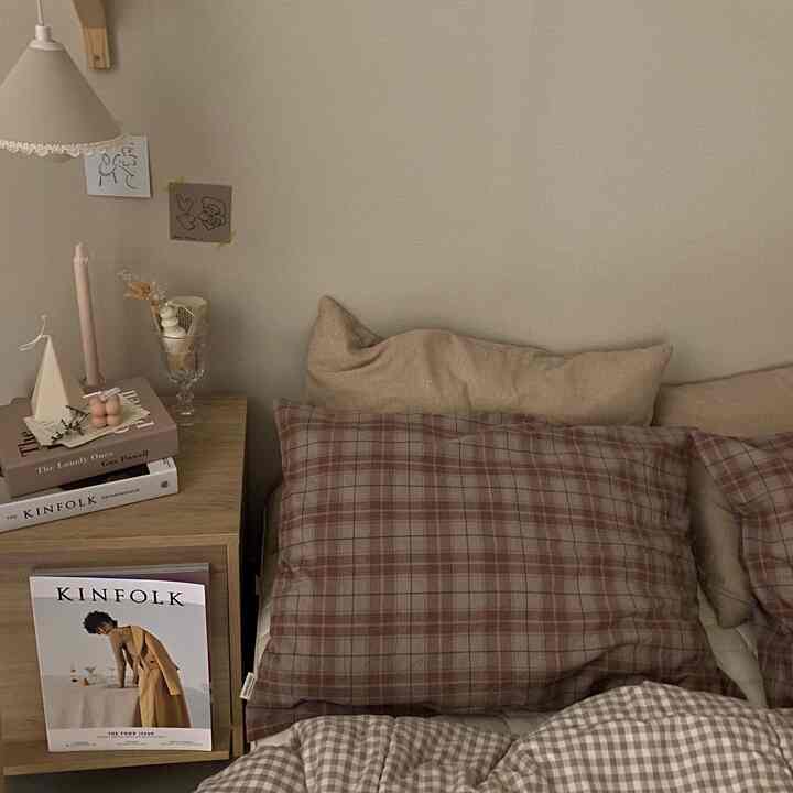 Beige-toned bedroom featuring wood-tone nightstand and plaid pillows and duvet cover creating a cozy atmosphere