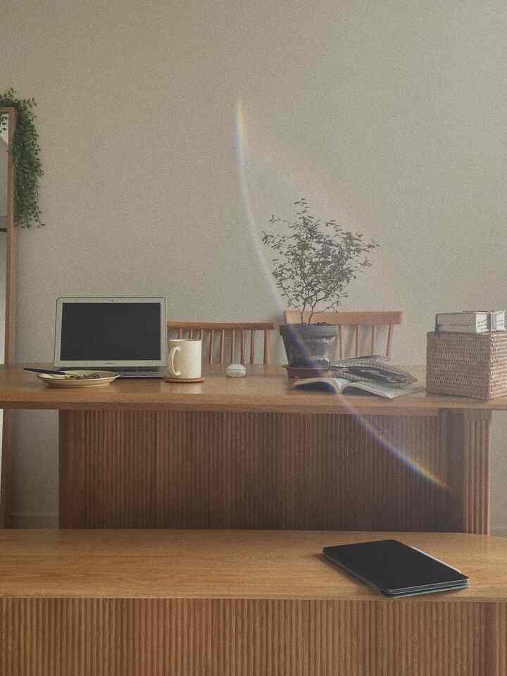 Natural color toned living room featuring a large wooden dining table and chairs in a cozy and simple space