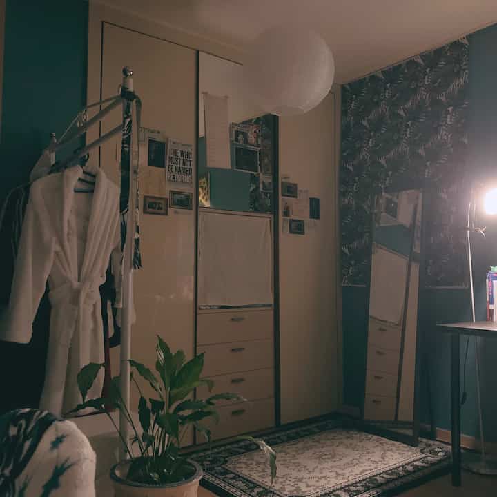 Blue and white toned walk-in closet with clothing rack, full-length mirror, and rug, presenting a warm maximalist atmosphere