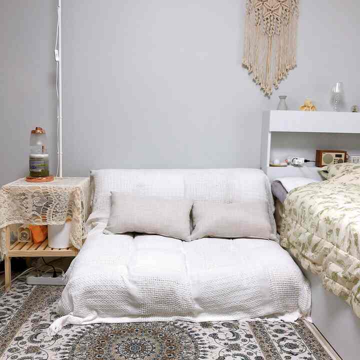 White-toned bedroom with sofa bed, nightstand, and rug arranged in a cozy and natural setting