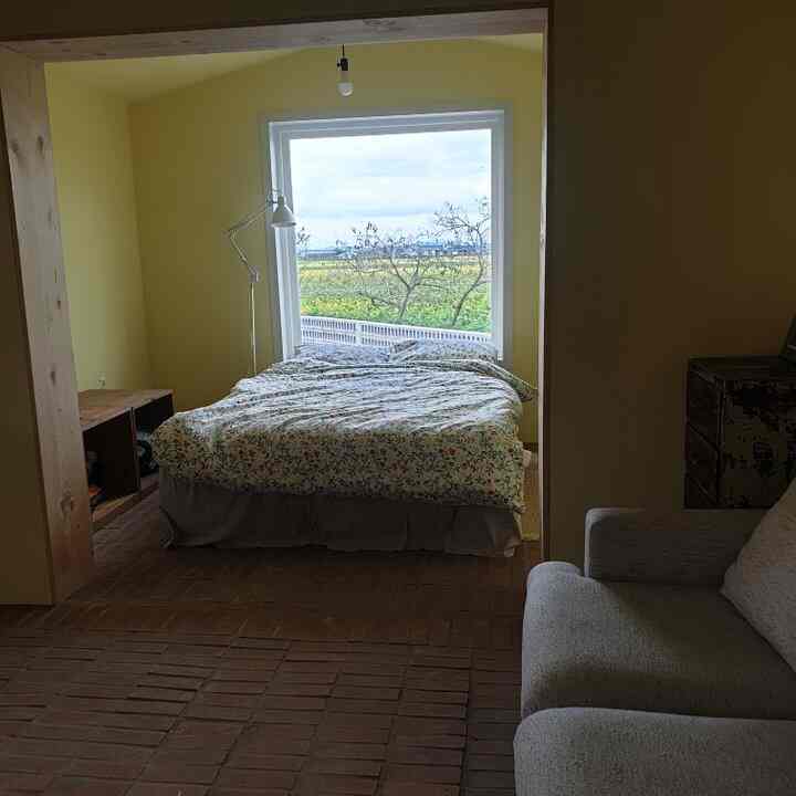Compact bedroom with yellow walls and wood tones, featuring a large window letting in natural light