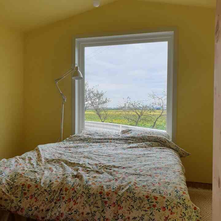 Yellow-walled 6-tatami bedroom with large window, featuring floral bedding and floor lamp, creating cozy natural ambiance
