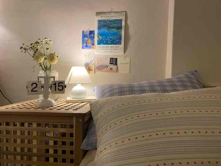 Natural color bedroom featuring wooden dresser, bed with pillows, table lamp, and wall posters in a simple cozy setting