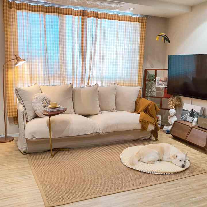 ベージュのナチュラルトーンのリビング、ファブリックソファとチェック柄カーテン、犬用の丸いペットベッドが配置された雰囲気のある空間
