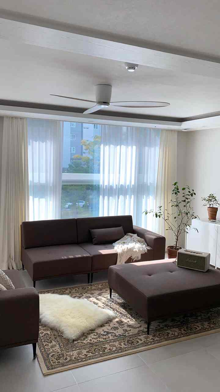 A brown and natural toned living room featuring a Persian rug, sofas, ceiling fan, and plants, creating a cozy atmosphere