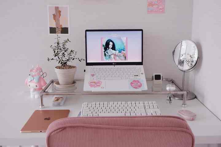 White and pink toned home office featuring a clear monitor stand with laptop and plant on a simple desk setup