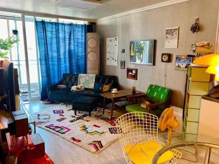 Natural color and blue-toned living room featuring sofa, armchair, colorful rug, and cats resting comfortably creating a cozy atmosphere