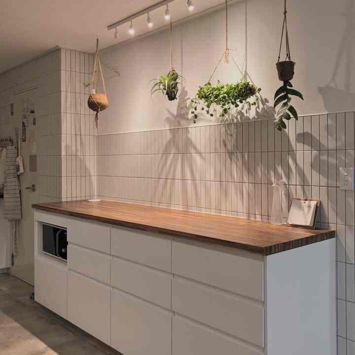 ナチュラルウッドの天板と白い収納家具があるミニマルなキッチン、壁面にハンギングプラントが配置された清潔感のあるインテリア