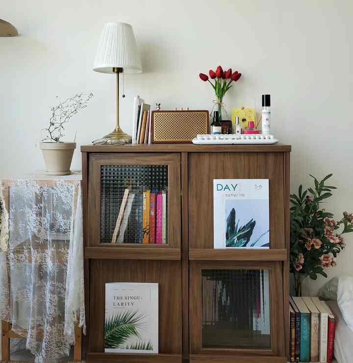 Natural brown-toned living room featuring wooden cabinet, table lamp, and plants in a cozy setting