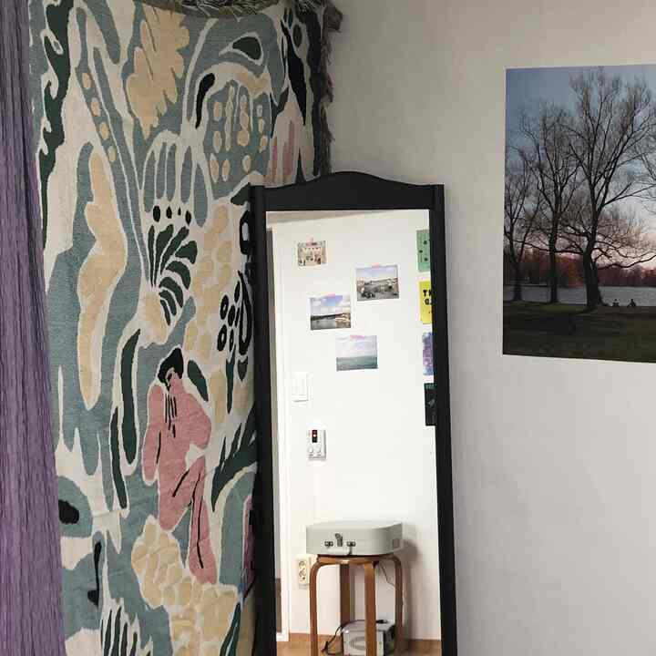 ベージュとグリーンの色調の小さな部屋、ヴィンテージスタイルの大きなファブリックポスターと黒いフレームの鏡、ポスターが配置された空間