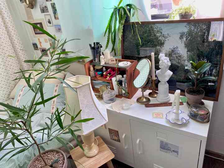 White and natural toned small room featuring a cabinet topped with vanity items, objets, and plants creating a cozy ambiance