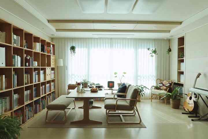 Bright beige-toned living room featuring large bookshelf, natural wood dining table, armchair, and bench in a warm harmonious space