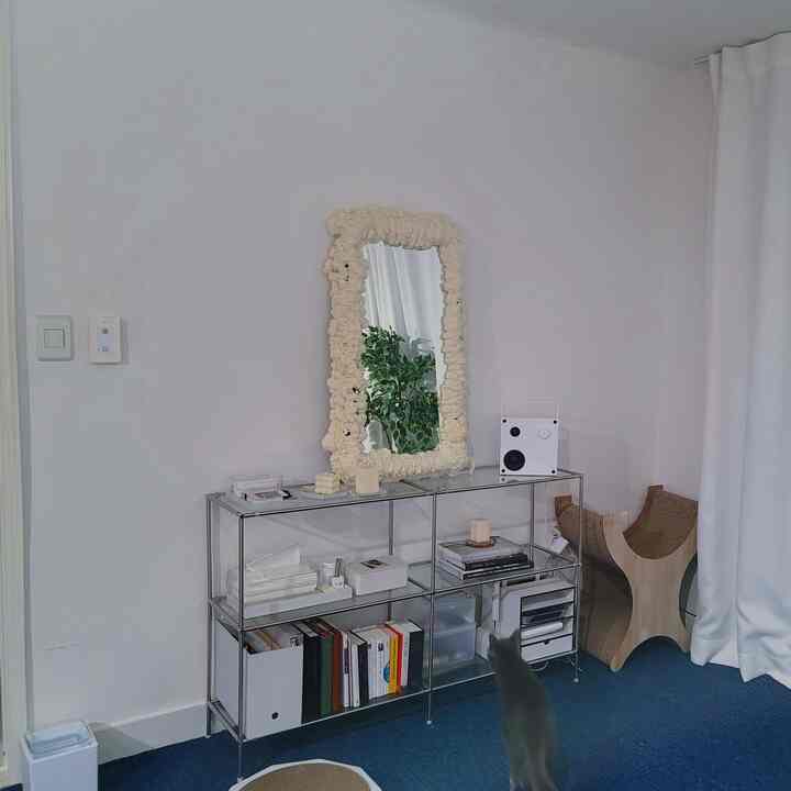 白い壁と青いカーペットのリビング、メタルシェルフとキャットスクラッチャーが配置されたミニマルでモダンなインテリア