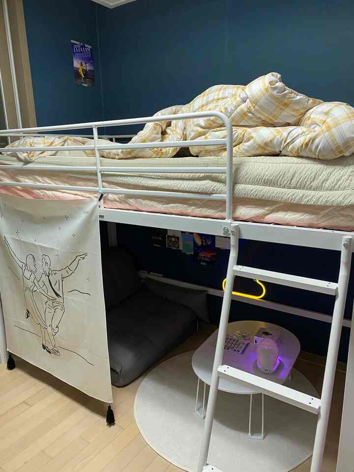 Navy blue walled compact single bedroom featuring white loft bed, gray sofa, round rug, and movie posters creating a cozy atmosphere
