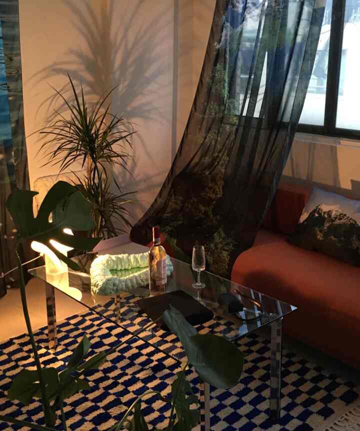 Natural living room with warm lighting featuring a transparent table, orange sofa, and indoor plants