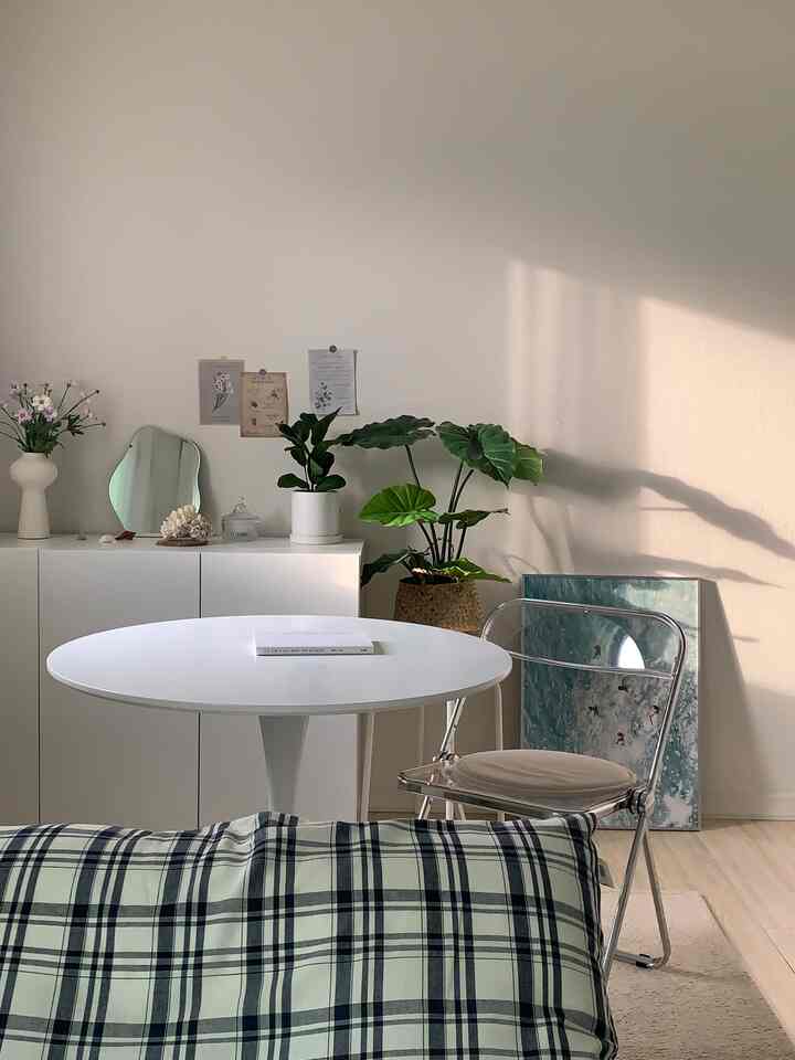 Soft natural tones and white furniture in a living room space featuring a round dining table, a transparent chair, and green plants arranged in a cozy setting