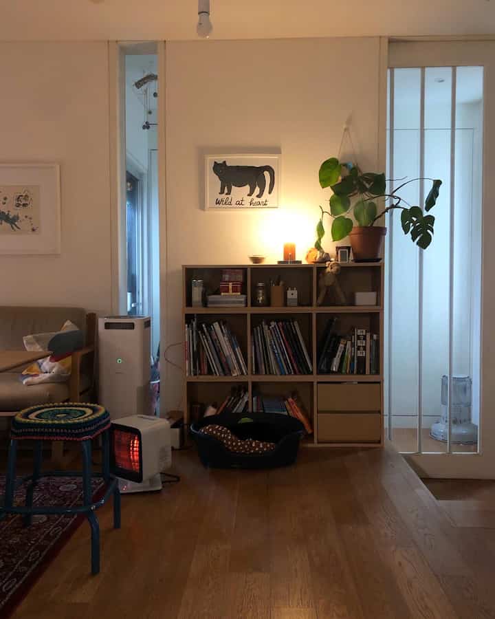 A cozy natural wood-toned small living room featuring a bookshelf, cat artwork, and a pet bed
