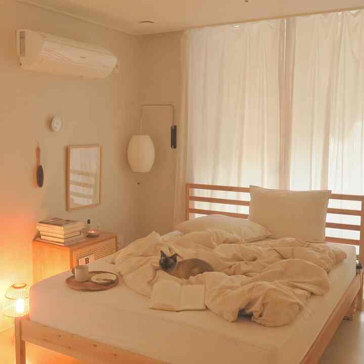 ベージュと白を基調とした寝室、木製ベッドとナイトテーブルが配置され、ベッドの上には猫がいて雰囲気のあるインテリア