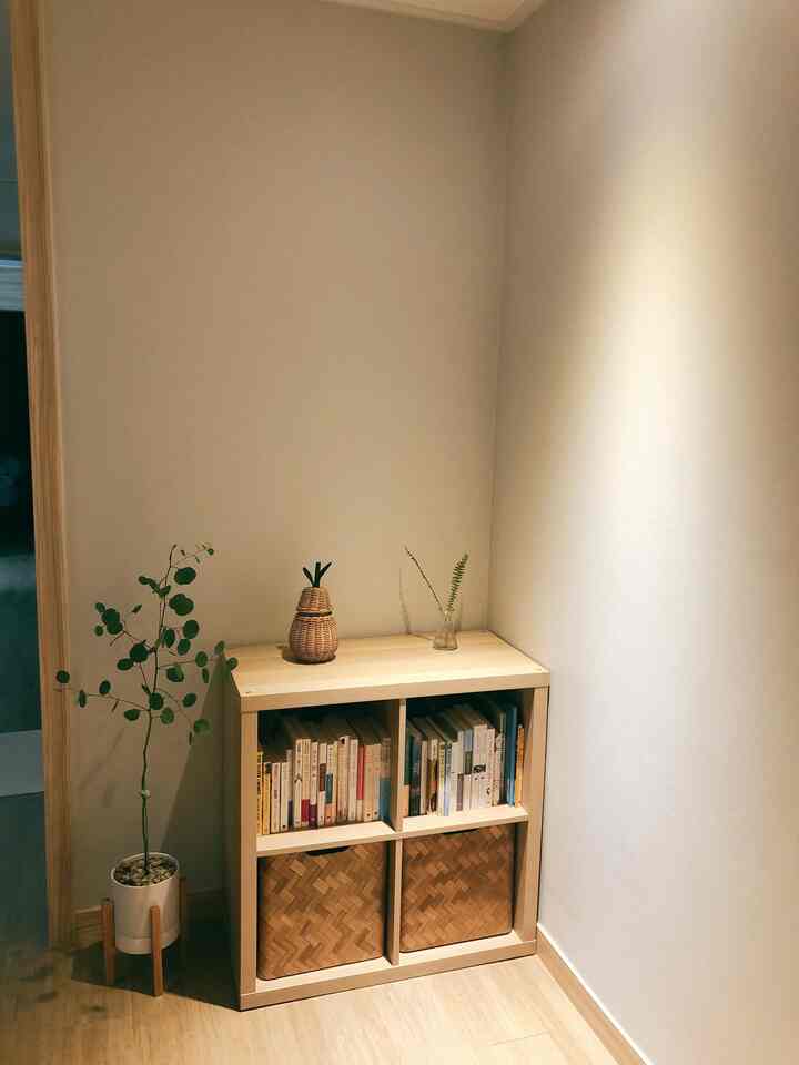 Natural wood tone entrance space featuring a bookshelf with rattan baskets and eucalyptus plant, creating a cozy atmosphere