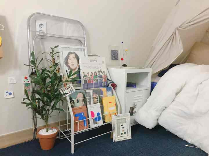 白い壁と寝具のあるコンパクトな寝室、棚と植物が配置されている雰囲気のあるインテリア